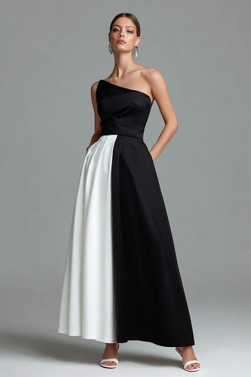 Elegant A-Line Black and White One Shoulder Formal Dress